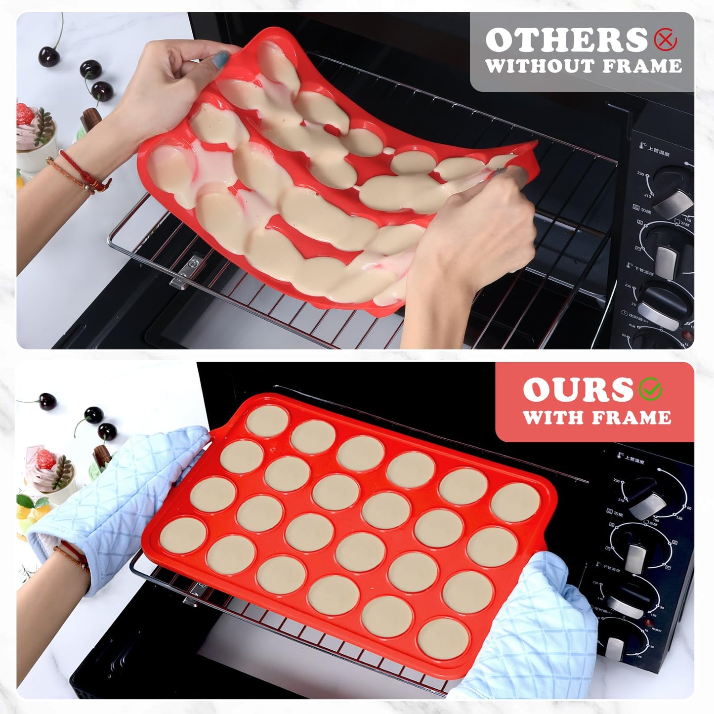2 Pack Mini Silicone Muffin Pan with Metal Frame, Non-stick Regular Silicone Cupcake Pan with Handles 24 Cup, Silicon Muffin Tin Tray for baking, egg bites, Cupcake Mold, BPA Free Red