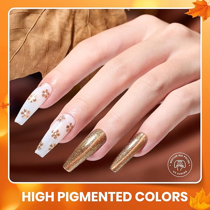 Beetles Gel Nail Polish Set – Autumn Aura 20 Colors Gel Polish Kit, Burgundy Red Brown Yellow Orange Purple Cat Eye & Glitter Soak Off UV LED Manicure with Base Glossy Matte Top Coat