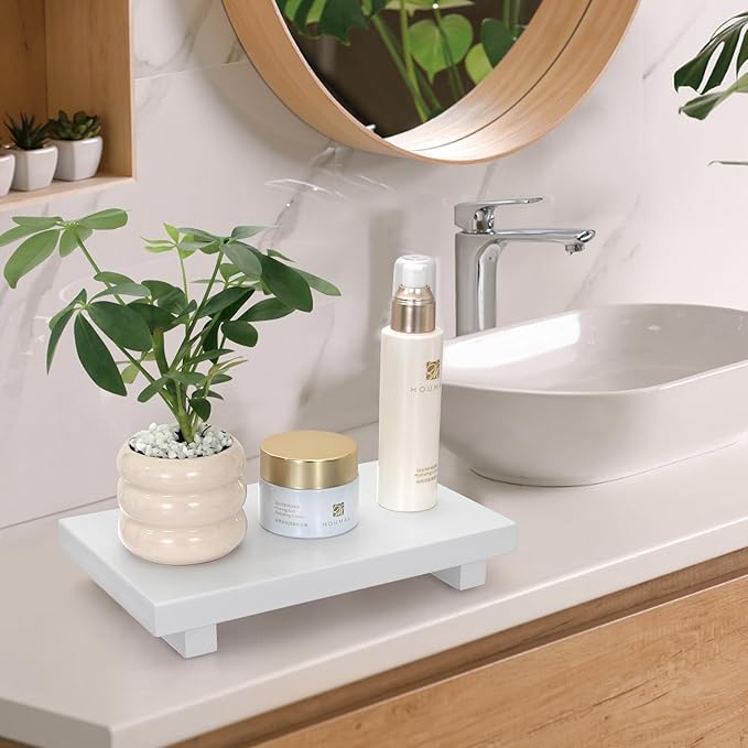 White Wooden Bathroom Tray Wood Riser Pedestal Stand Dish Soap Dispenser Holder for Kitchen Counter Bathroom Decor Decorative Kitchen Sink Countertop Trays Farmhouse Organizer Accessories Vanity Tray