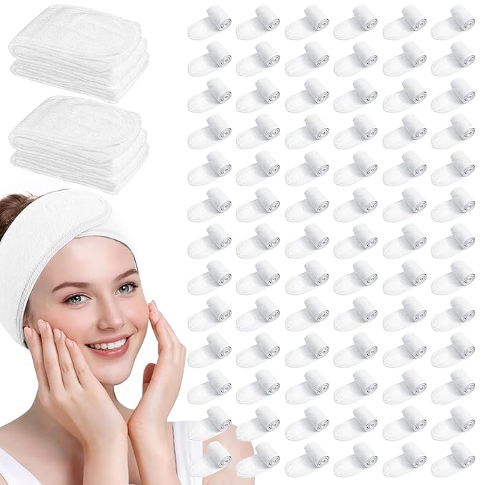 80 Pack Adjustable Spa Headband for Women – Non-Slip Facial Hair Wrap for Washing Face, Makeup, Shower, Skincare, and Yoga White 80