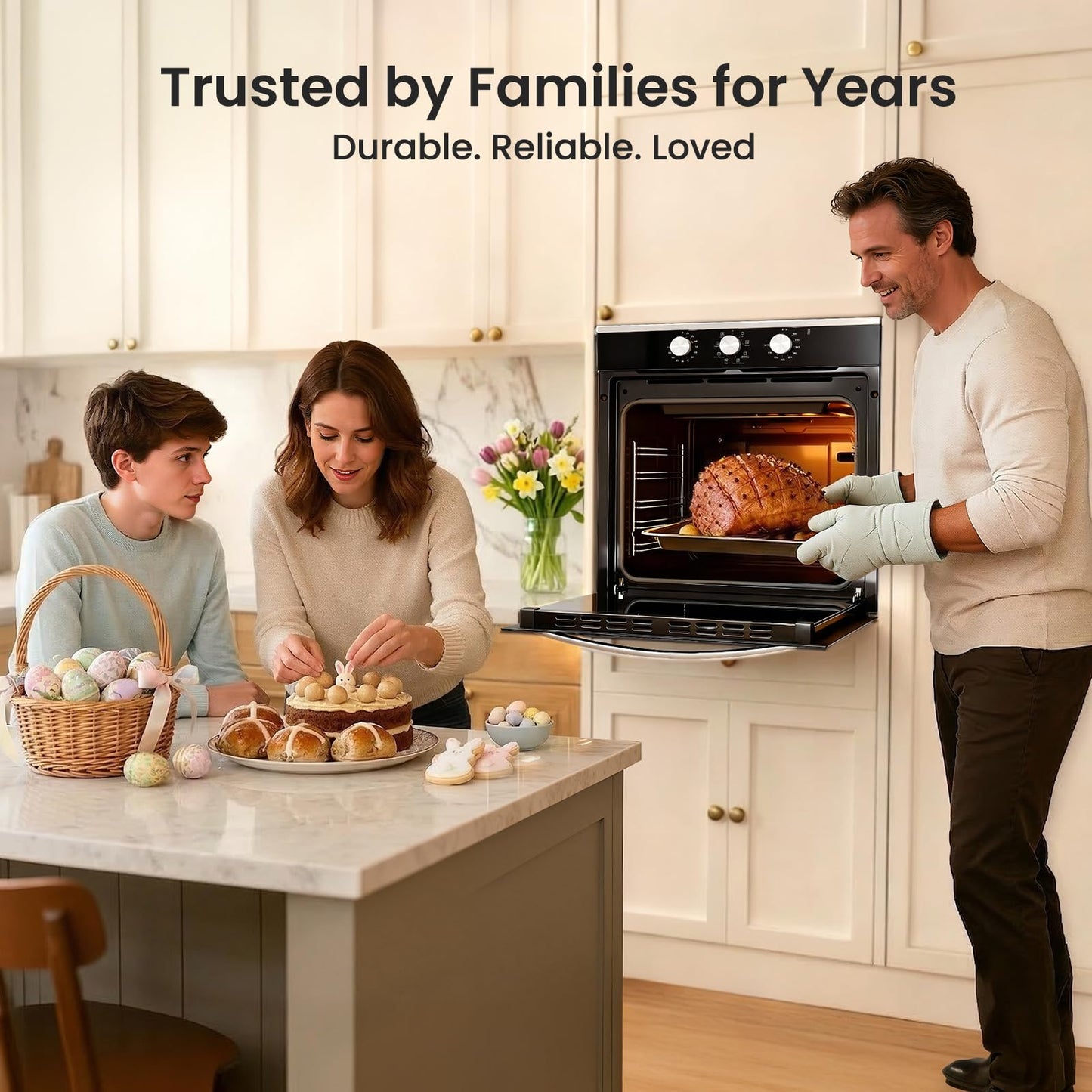 VIKIO HOME Single Wall Oven 24", 2.83 Cu.Ft-80L with 8 Functions Built-in Electric Ovens, 240V, 3220W Fast Preheat, Mechanical Knob Control for Easy Cooking