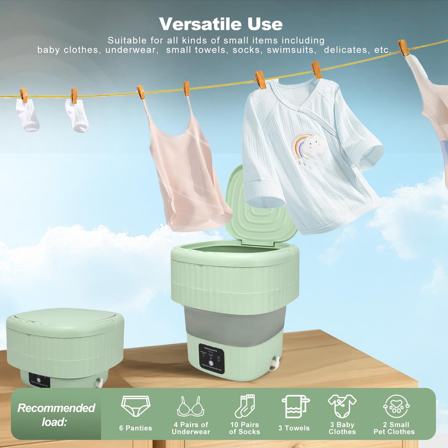 Mini Portable Washing Machine, 9L, 3 Modes, Blue Light Disinfection, Ideal for Underwear, Socks, Baby Clothes. Foldable for Space-Saving, Perfect for Apartments, Hotels, Camping & Travel (Green)