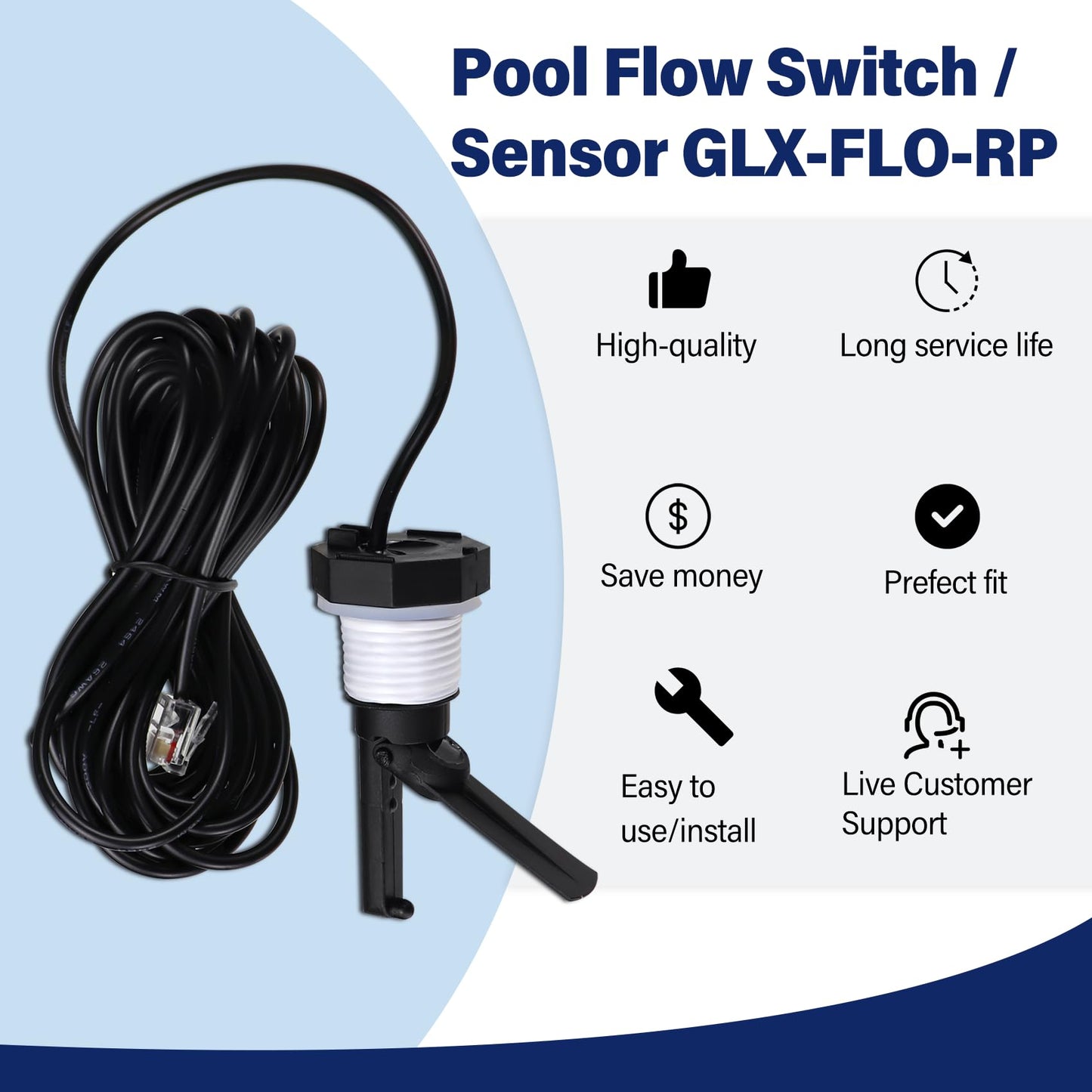 Glx-Flo-Rp Flow Switch for Hayward Goldline Aquarite Salt Systems, Pool Flow Sensor Suitable Hayward Salt Cell & Chlorine Generator, Flow Switch for Aqua Rite Swimming Pool Salt Cell with 15 Ft Cable