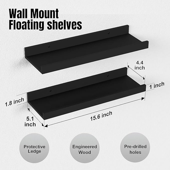RICHER HOUSE 4 Set Floating Wall Mounted Shelves, Black Shelves for Wall Decor, Modern Picture Ledge Shelf with Lip for Storage, Nursery, Bedroom, Living Room, Bathroom - Black