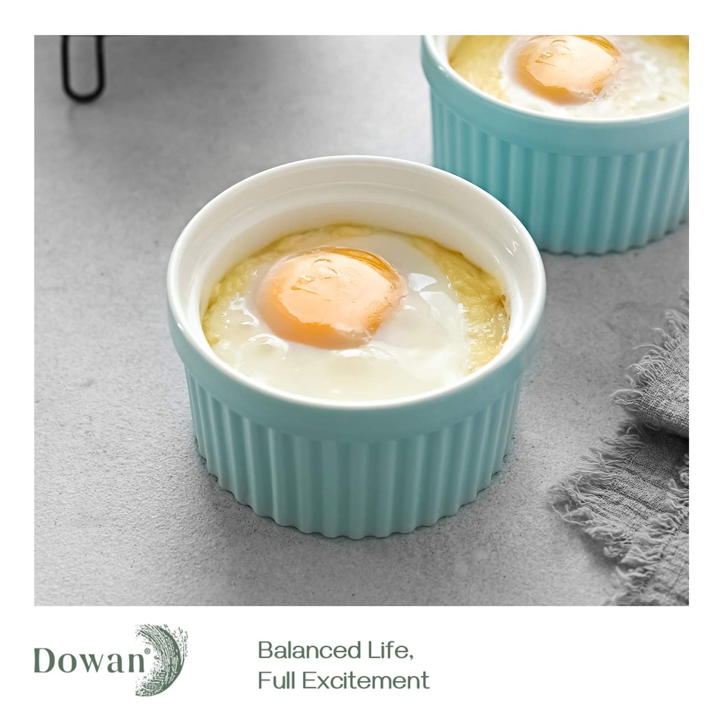 DOWAN 10 oz Porcelain Ramekins - Oven Safe for Creme Brulee & Souffle, Classic Style Baking Bowls, Set of 6, Blue