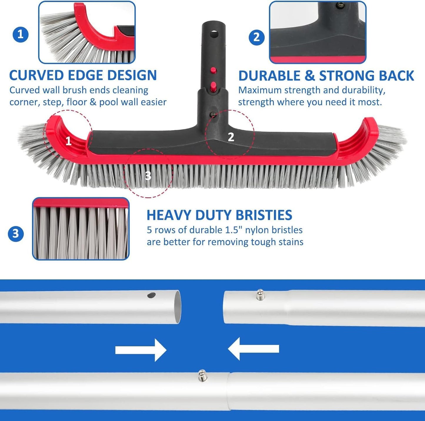 Swimming Pool Brush with Pole - 17.5" Wall Brush with 10FT Adjustable Aluminum Pole, Nylon Bristles, Curved Ends, EZ Clip Handle, Pool Brush for Cleaning Walls, Tiles & Floors
