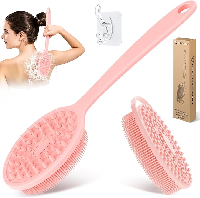 Silicone Back & Body Scrubber Set 2PCS, 13.4'' Gentle Exfoliating Back Scrubber with Dual-Side Head and Non-Slip Handle, Hygienic Silicone Loofah with Soft Bristles and Massage Dots(Pink-2PC)