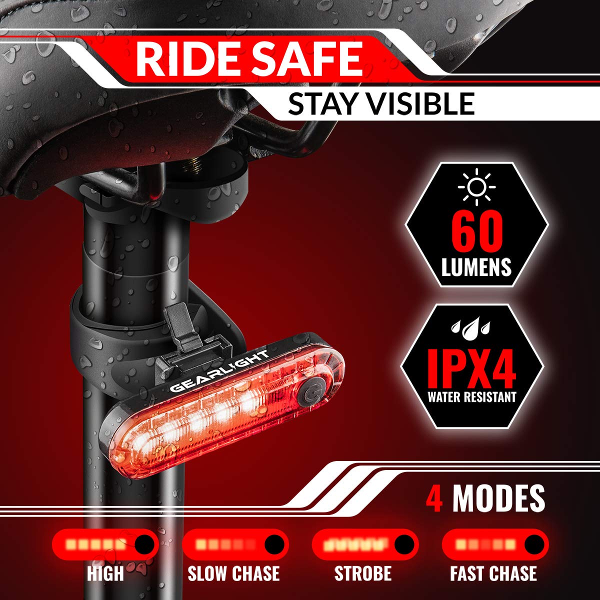 GearLight Rechargeable Bike Light, Headlight and Tail Light Set, Powerful Front and Back Lights for Night Riding Safety, Night Riding Accessories, White Elephant Stocking Stuffer for Men - Black, Red