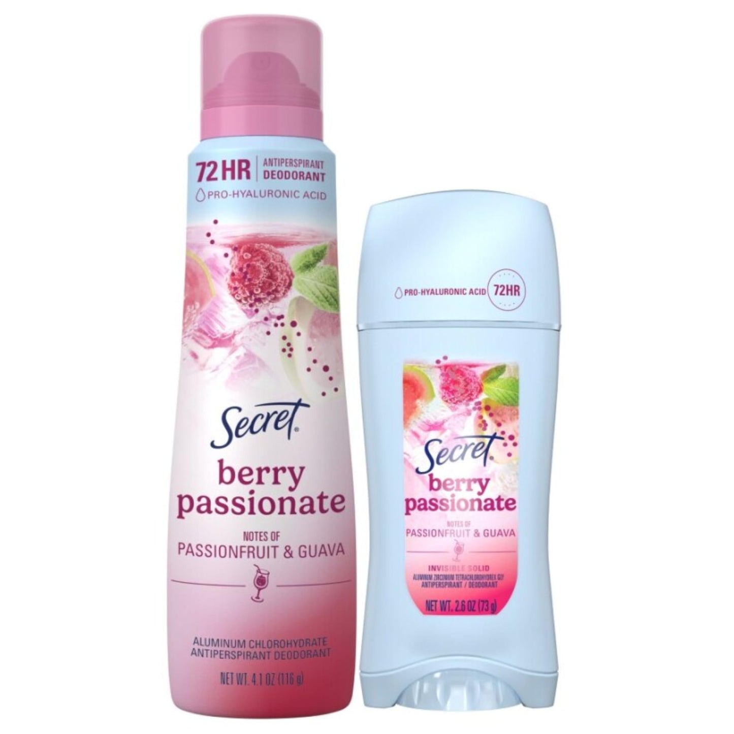 Secret Antiperspirant Deodorant for Women, Stick & Spray Bundle, Berry Passionate with Passionfruit & Guava Scent, 72hr Freshness on the Rocks, Pro-Hyaluronic Acid, 4.1 oz & 2.6 oz (Pack of 2)