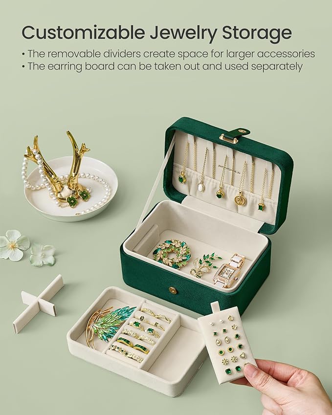 SONGMICS Jewelry Organizer Box, Travel Jewelry Case, 2-Layer Travel Case for Earrings, Necklaces, Bracelets - Portable Jewelry Storage with Large Capacity, Gift Idea, Retro Green UJBC166C04