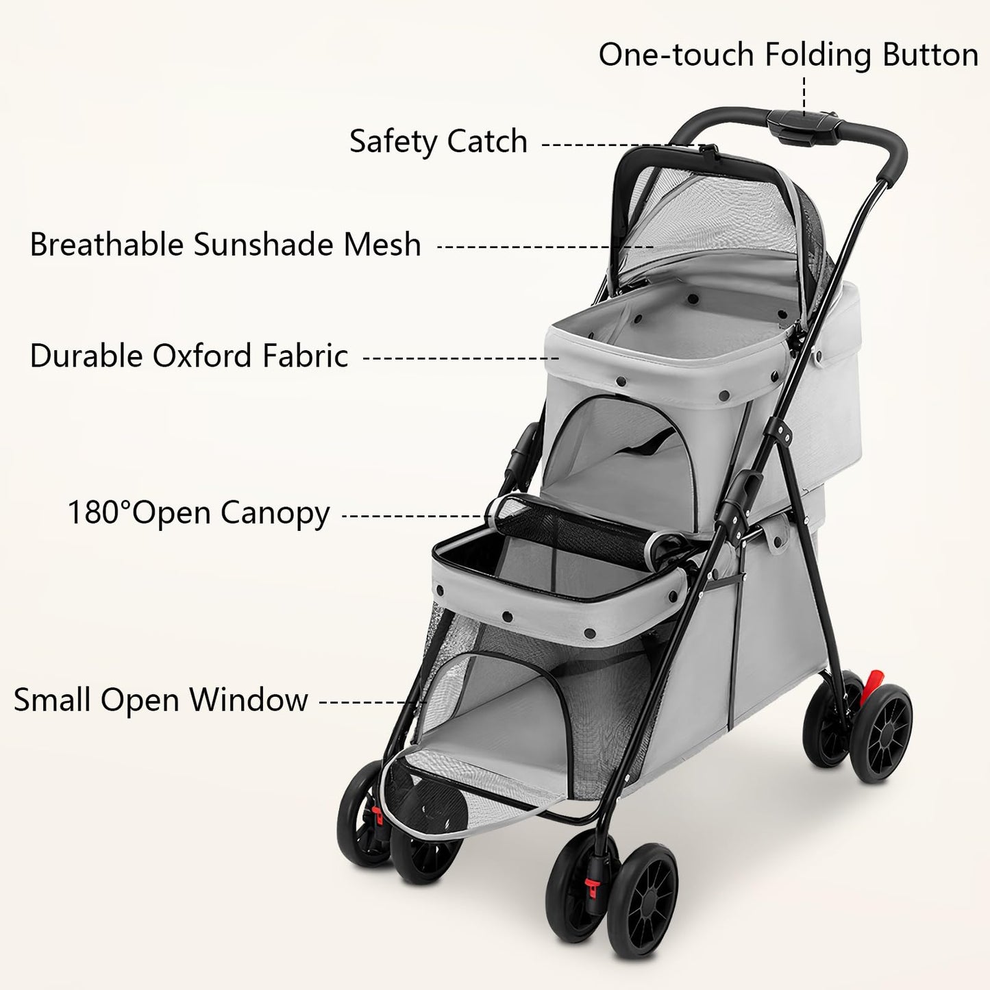Double Pet Stroller for Medium Small Dogs and Cats with 2 Carriage, Durable Universal Wheels with Brakes Lightweight One Hand Foldale Kittens Puppies Travel Strolling Cart (Gray)