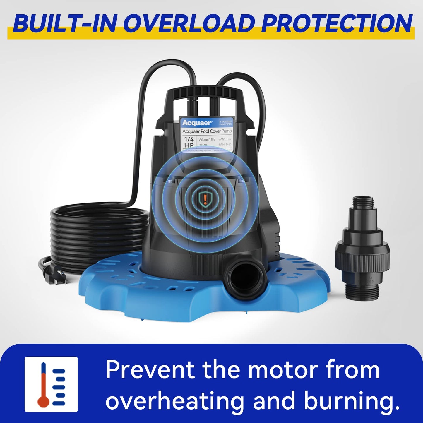 Acquaer Automatic Swimming Pool Cover Pump, Submersible Sump Pump with 3/4” Check Valve Adapter & 25ft Power Cord, Water Removal for Pool, Hot Tubs, Rooftops, Water Beds and More, 1/3 HP 2950 GPH
