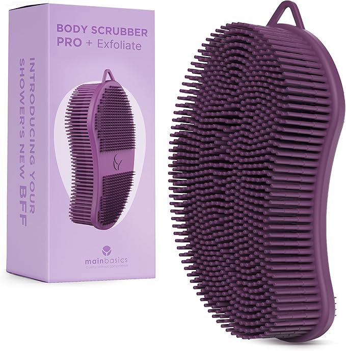 MainBasics Silicone Body Scrubber Dual-Sided Shower Loofah and Exfoliator (Purple, Exfoliate)