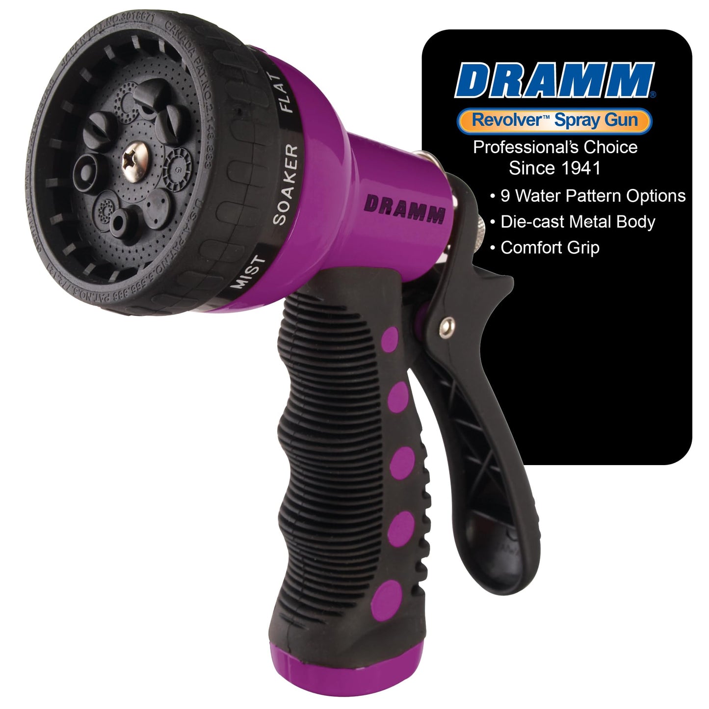 Dramm Revolver Heavy Duty Metal Garden Hose Nozzle â 9 Spray Patterns, High Pressure Jet, Thumb-Control Flow, Ergonomic Grip â Berry