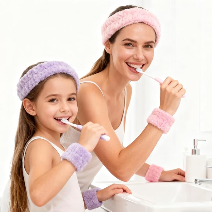 2 Pack Spa Headband and Wristband Set, 2 Hairbands & 4 Wrist Cuffs for Face Washing, Skincare, Makeup, Microfiber Absorbent Wrist Towels and Face Wash Headbands for Women Girls
