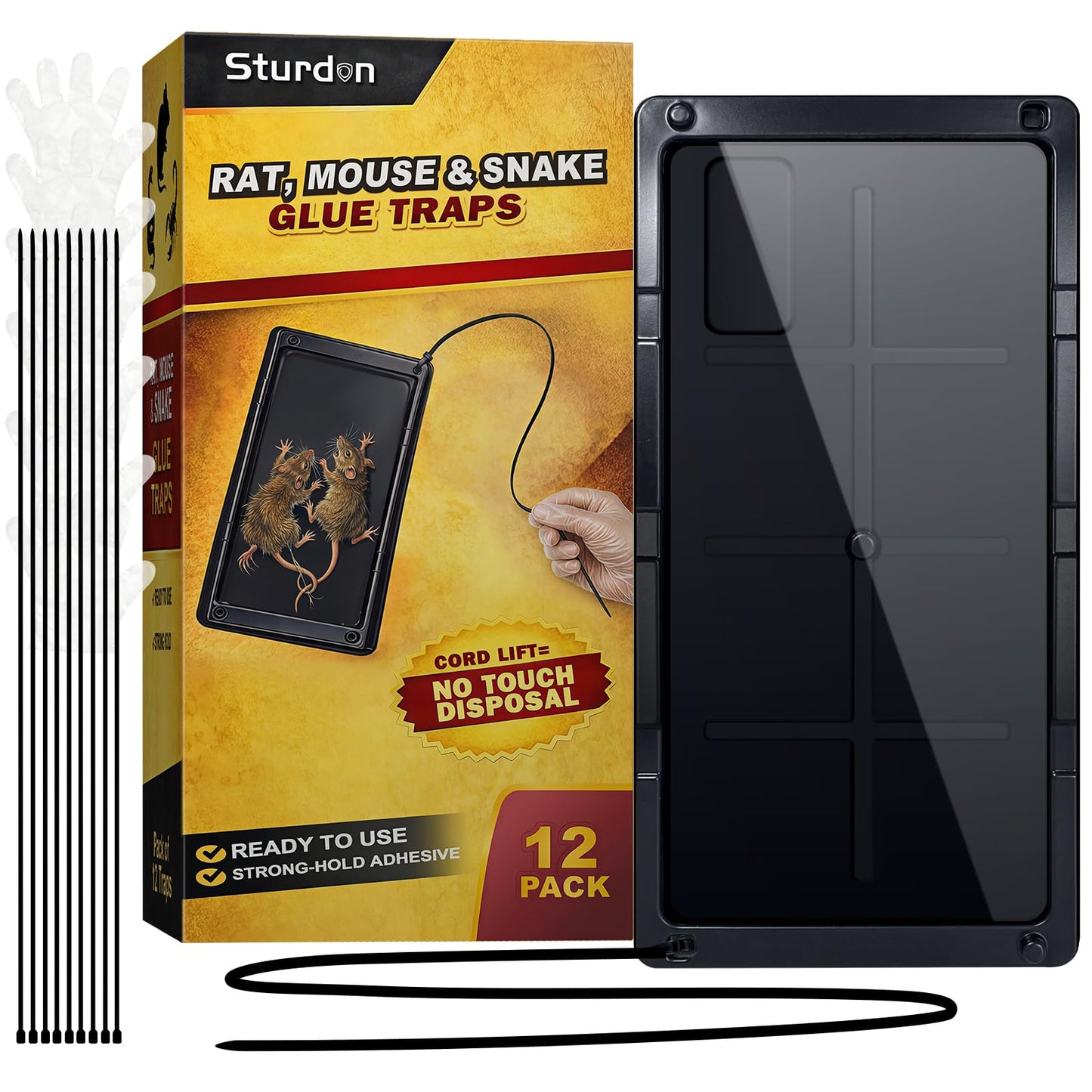 Large Rat Glue Traps for House Indoor 12 Pack – Touch-Free Zip Ties & Gloves Included Bulk Glue Traps for Mouse, Spiders, Snakes, Mice with Enhanced Adhesive, Pre-Baited Formula for Pest Control