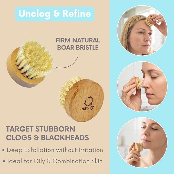 Reccsy Face Brush Set - Soft Natural Bristle Facial Dry Brush for Lymphatic Drainage & Face Exfoliator Brush - Includes 4 Reusable Cleansing Pads