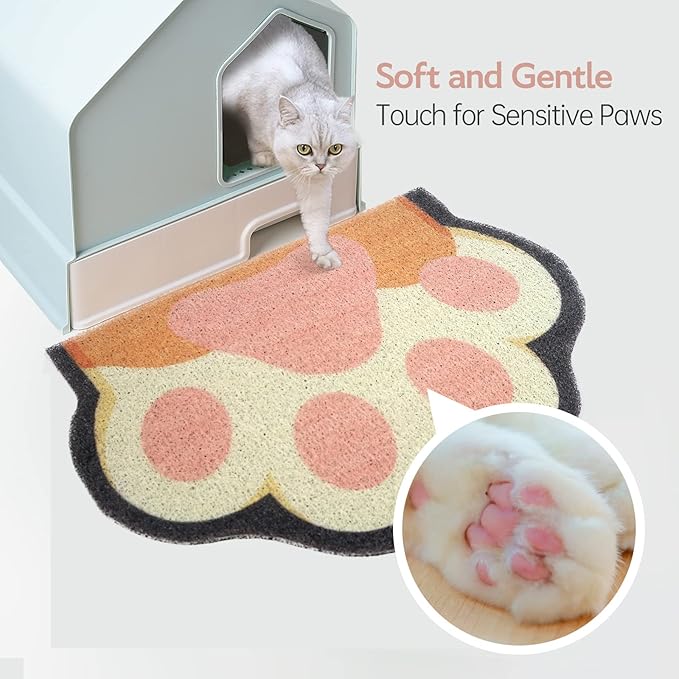 Cute Cat Litter Mat 24”x16”, Litter Box Mat, Litter Trapping Mat, Soft on Kitty Paws, Easy Clean, Anti Slip, Pet Accessories, Door Floor mats - White paw