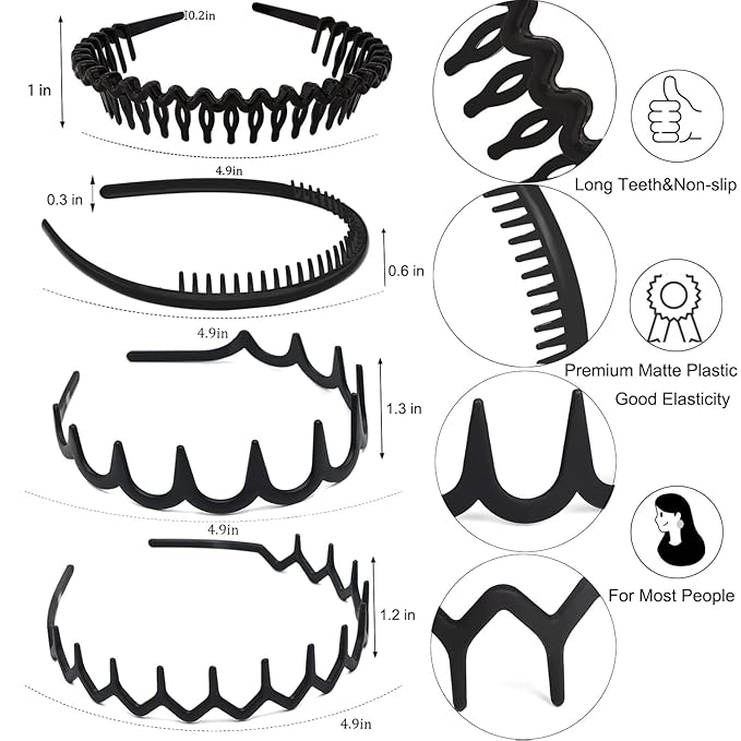 ULTIMUTE 8 PCS Fashion No Slip Effortless Plastic Headbands with Teeth Comb Black Skinny Hair Accessories Bands for Women Men Teen Girls, Matte Black