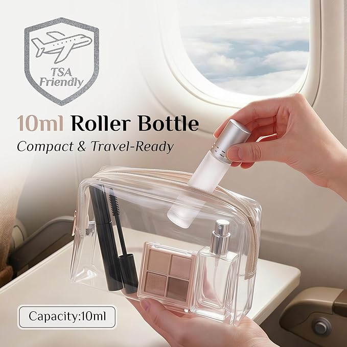 PrettyCare 12 Pack, 10 ml Essential Oil Roller Bottles with Stainless Steel Roller Ball - Refillable Leak-proof Empty Thick Frosted Glass Roll on Bottles with Silver Caps for Travel, Perfume