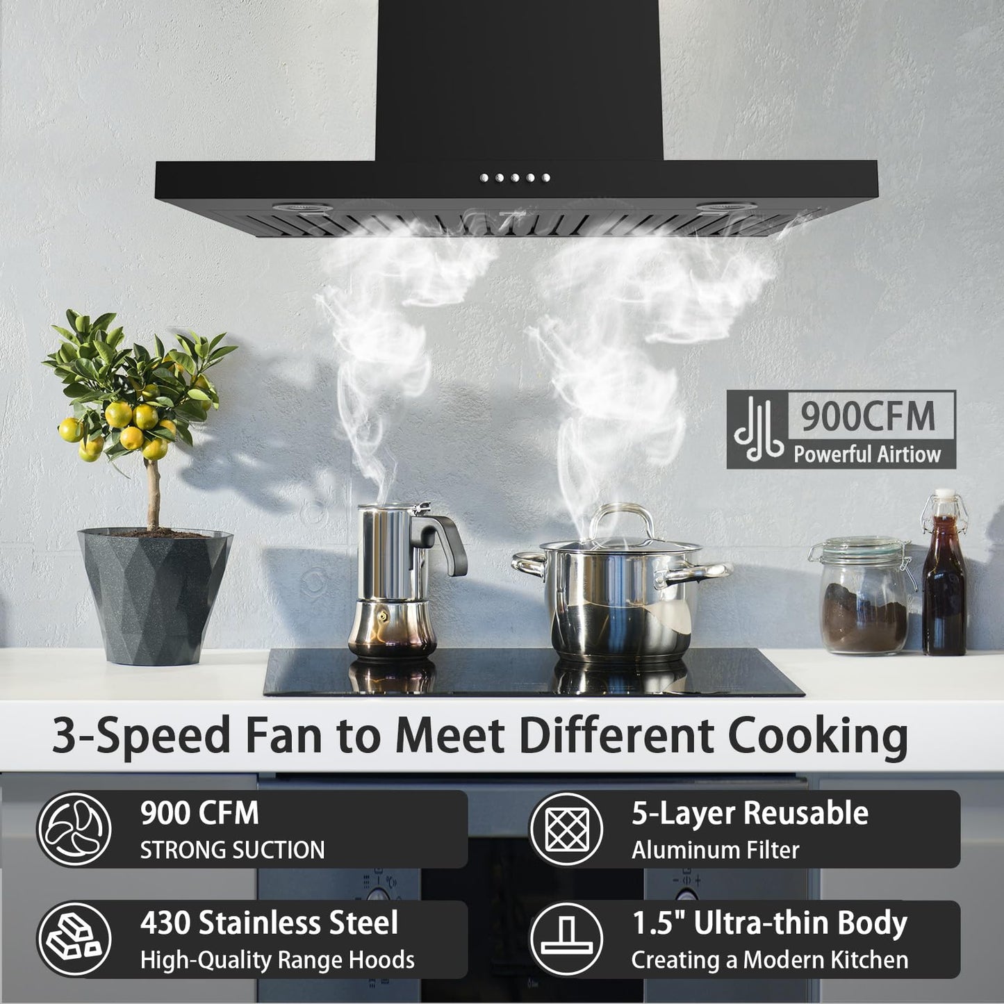 ONEEON 24" Range Hood - 650 CFM Wall Mount Kitchen Exhaust with 3 Speed Fan, LED Lights, Push Button, Ultra-thin Body, Chimney Style Stove Vent Hood & Ducted Exhaust Vent, Black