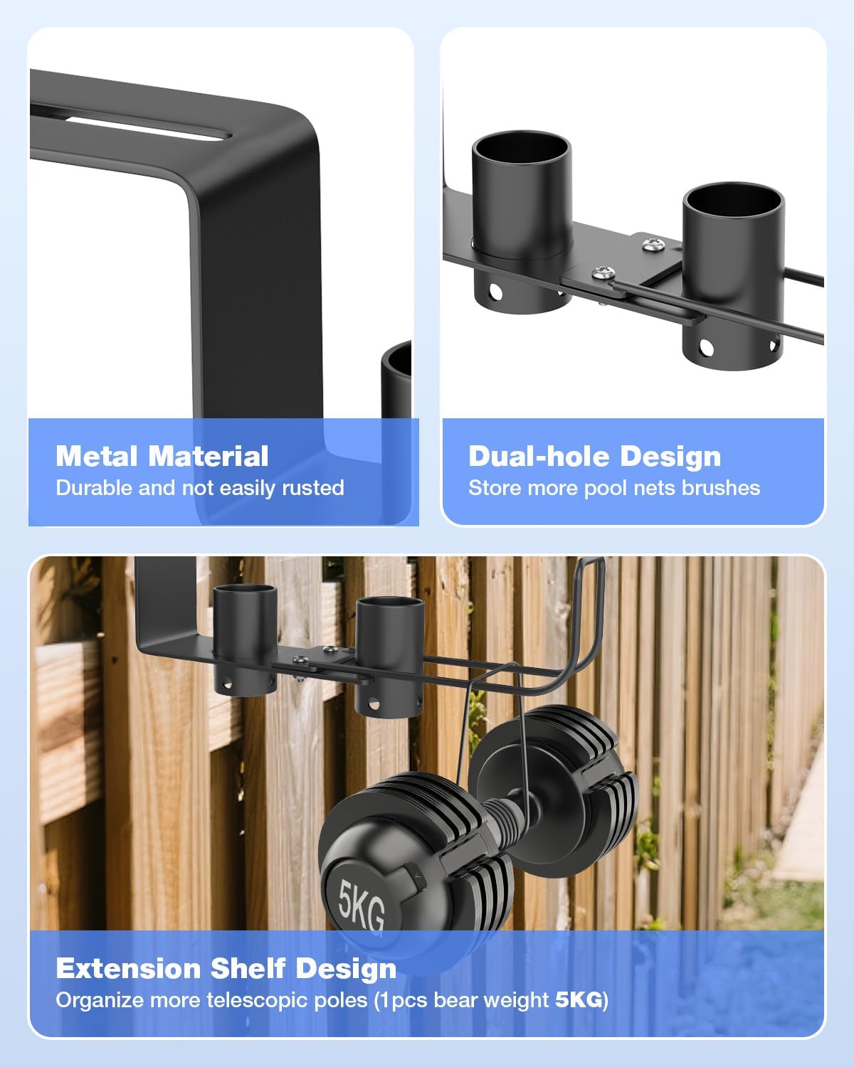 Pool Fence Hooks Adjustable, Heavy Duty Metal Hanger for Pool Equipment, Skimmers, Poles, Brushes, Vacuum Hose, Rust-resistant, no Drill, 2 Pack, Fits 0-10 cm Fences - Pool Accessories Storage