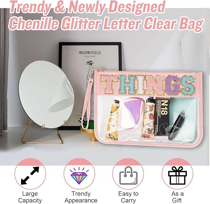 Chenille Letter Clear Bag Things Purse, Monogram PVC & PU Clear Zipper Pouch with Wristlet, Waterproof Portable Glitter Snacks Makeup Beach Pouch Toiletry Bag for Women Girls (THINGS-Pink)