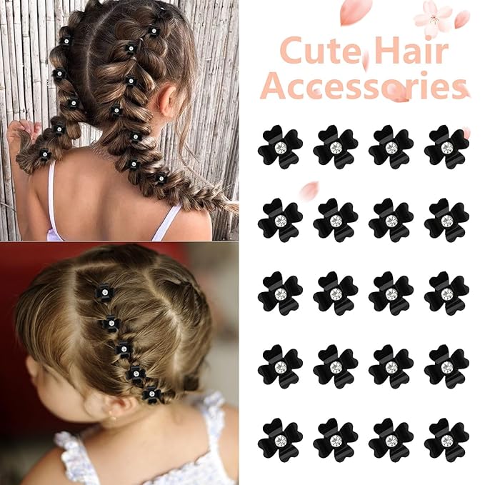YISSION 20 Pcs Mini Black Flower Hair Clips with Rhinestone Cute Hair Pins Decorative Hair Clips Wedding Hair Barrettes Bridal Hair Accessories for Girls Women