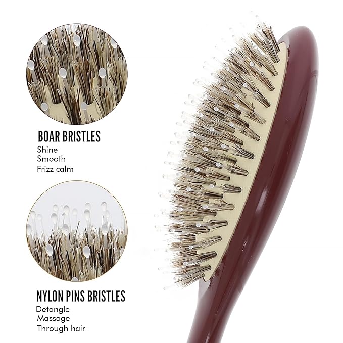 Boar Bristle Hair Brush -boar bristles + nylon pinsÃ¯Â¼Â Smoothes & Detangles All Hair Types, Hairbrush for Women, Men & Kids, Distributes Oils for Natural Shine & Stimulates Scalp
