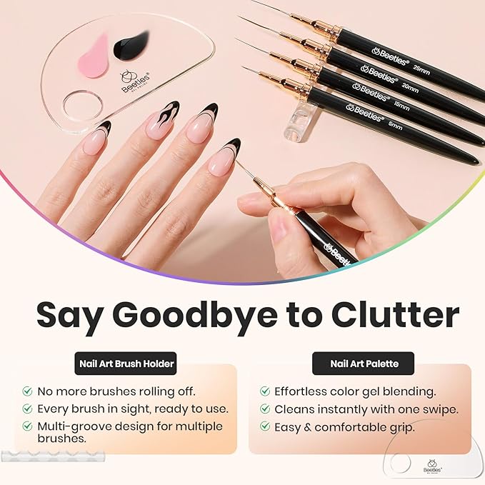 Beetles Liner Brushes for Nails 5pcs - Metallic Nail Art Brushes Black Nail Art Pens Liner Sizes 5/9/15/20/25mm with Palette Holder Painting Manicure Design Tools for Long Lines, Details, Fine Drawing