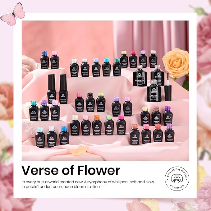 beetles Spring Gel Nail Polish Set - 36 Colors Verse of Flower Gel Nail Kit Pink White Black Red Purple Blue Yellow Gel Colors & 3Pcs Base Top Coat Soak off UV Home Salon Easter Gift for Women