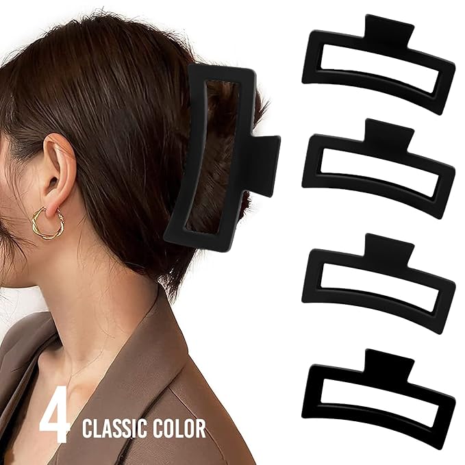 5 Inche Black Extra Large Claw Clips for Thick Hair and Long Hair, 4 Pack Xl Jumbo Claw clips, Oversized Matte Non-slip Rectangle Hair Clips for Women, Big Strong Hold Jaw Clip