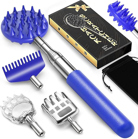 TUKUOS Telescoping Back Scratcher with 5 Detachable Scratching Heads, Valentines Day Gifts for Him Men, Anniversary Birthday Gifts for Men Women Back Scratcher for Men/Dad/Women/Adults - Blue
