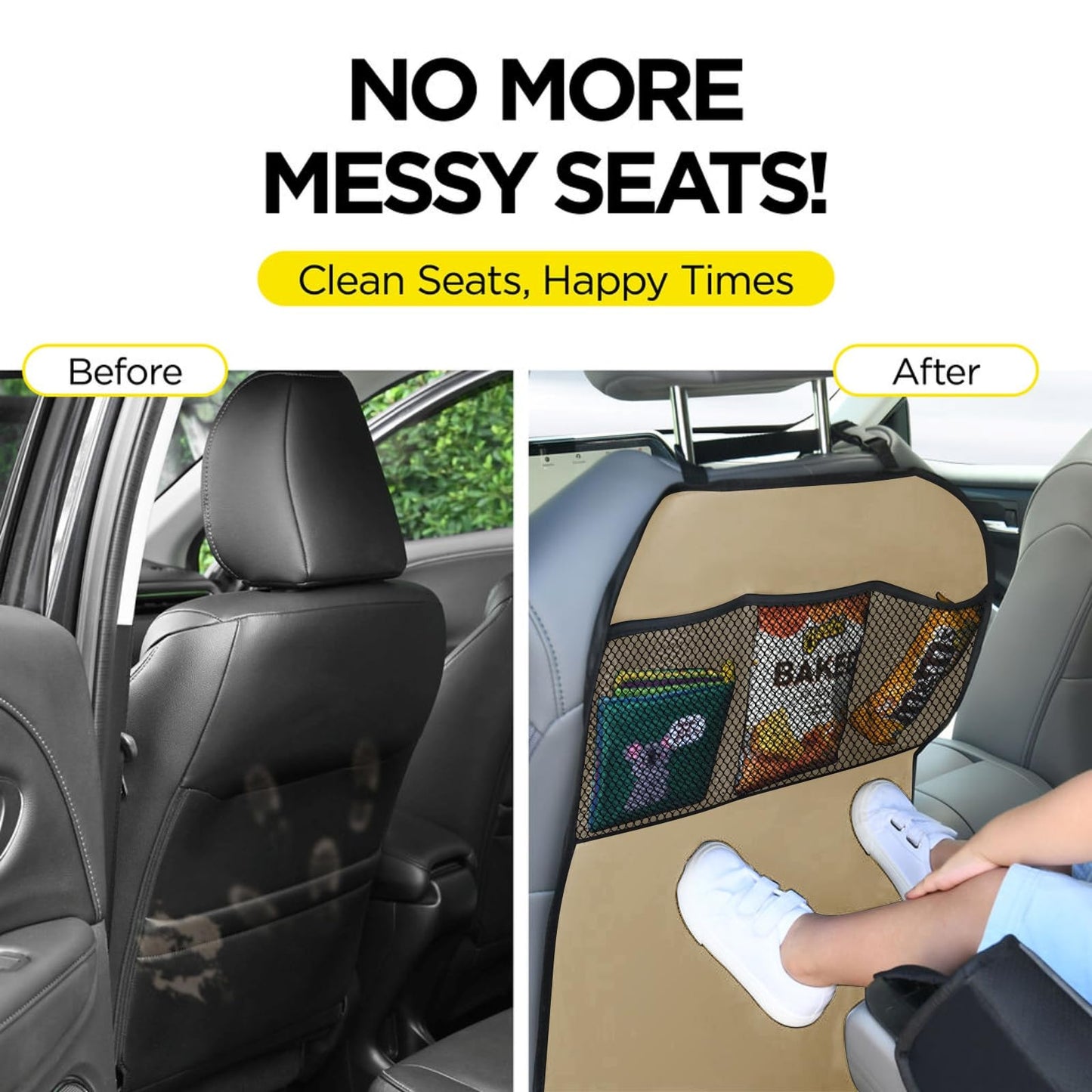 lebogner Back Seat Cover for Kids + 3 Pocket Storage Organizer, 2 Pack Kick Mats Backseat Protector, Car Accessories Waterproof Kick Guard for Vehicles to Protect from Dirt, Mud & Scratches, Beige