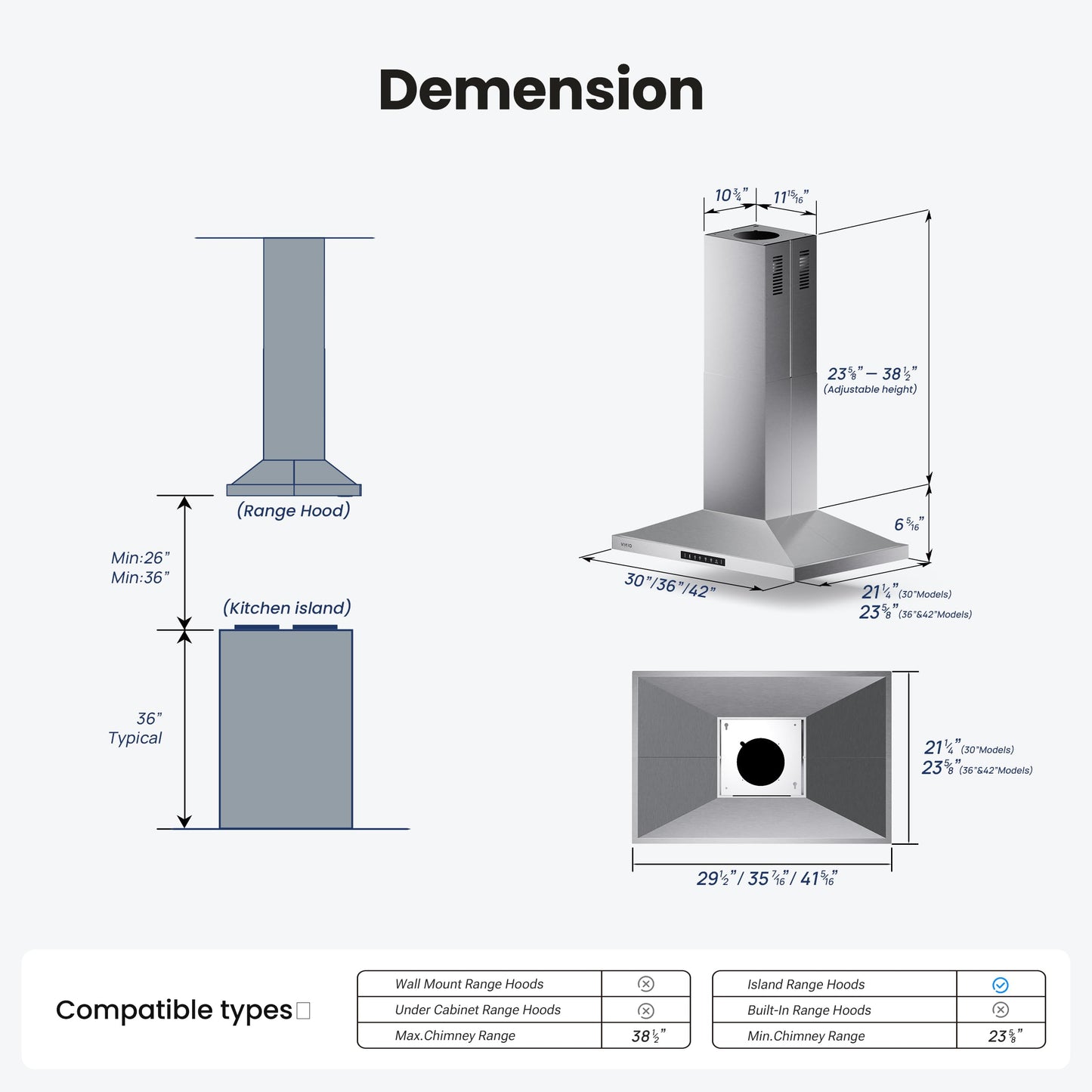 VIKIO HOME 30 Inch Island Range Hood, 390 CFM kitchen Hood with Dual-Sided Touch/Gesture Control, Convertible Ducted/Ductless, Ceiling Mount, 3 Stainless Steel Baffle Filters, 3-Speed Fan