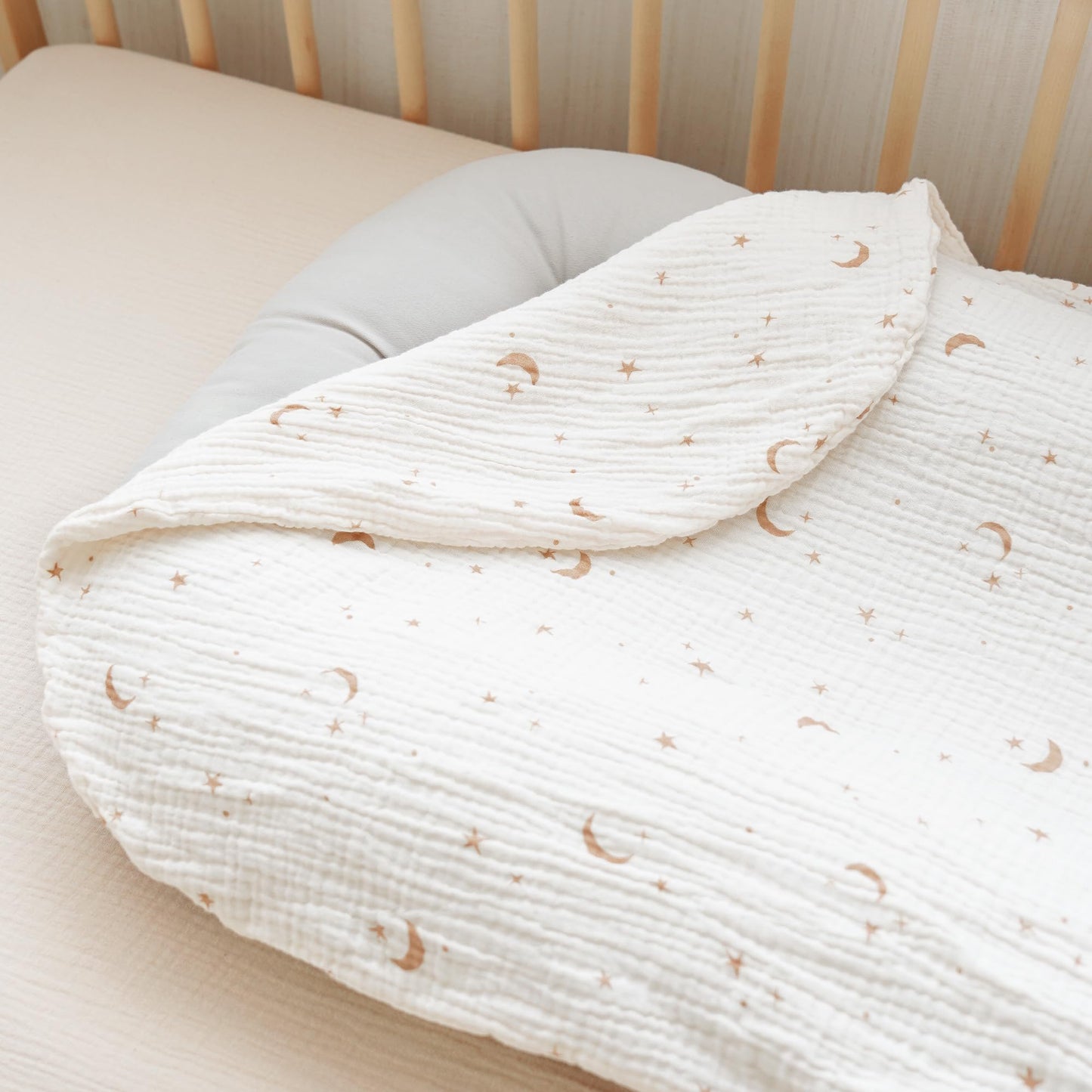 Konssy Muslin Baby Lounger Cover 2 Pack, 100% Cotton Newborn Lounger Cover, Soft and Breathable Lounger Slipcover for Boys Girls, Covers Only (Wheat,Moon)