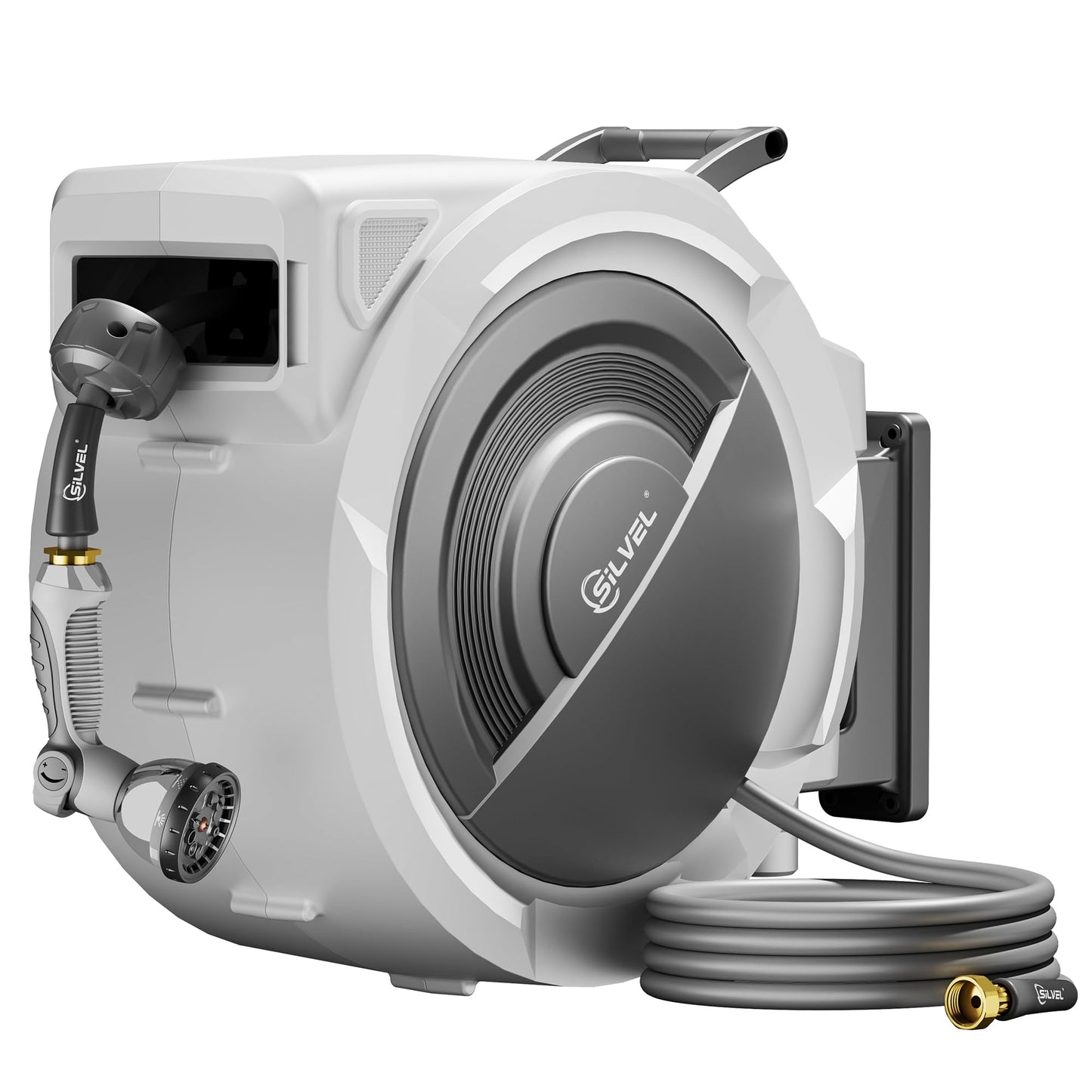 Retractable Garden Hose Reel, 5/8 in x 110FT Heavy Duty Auto Hose Reel Wall Mounted, Upgraded UV Resistant with 10 Pattern Nozzle, Any Length Lock & Slow Return System, 180Â°Swivel Bracket, Light Grey