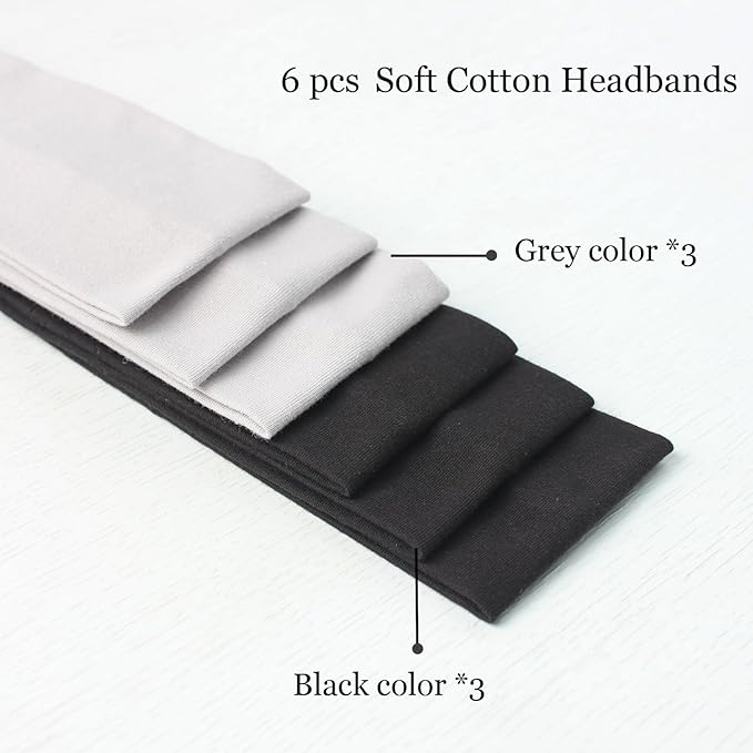 6 Pcs Black Headbands for Women Hair Cotton Headband Non-slip Stretchy Elastic Head Wrap Holder Hair Accessories Black Grey Color