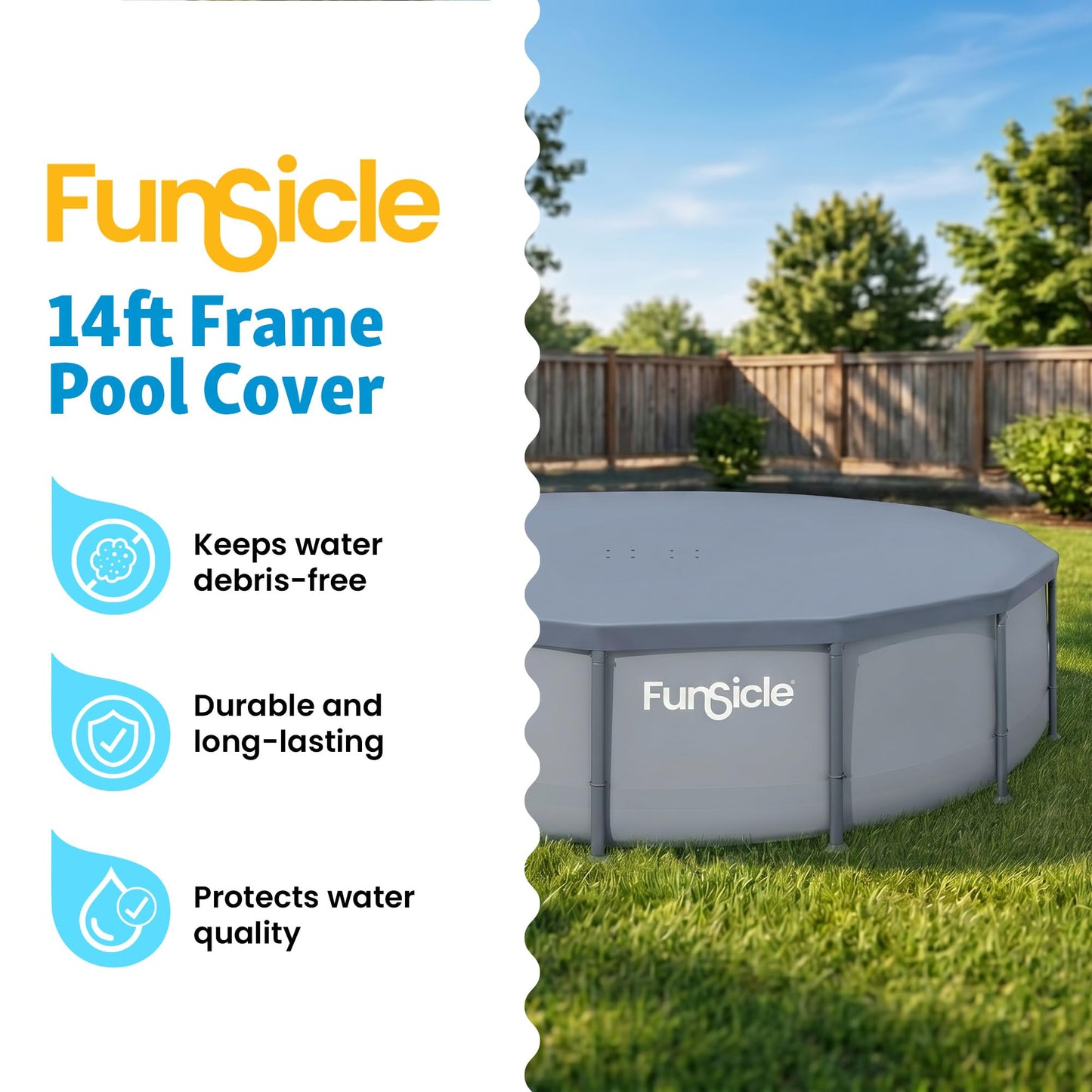 Funsicle 14 Foot Durable Round Pool Cover with Adjustable Drawstring for Oasis, Activity, Quickset and Above Ground Outdoor Swimming Pool, Gray