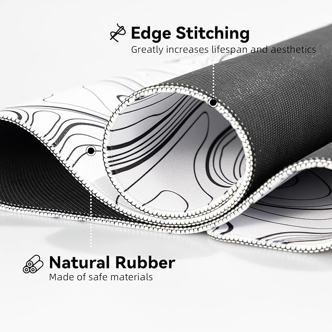Waterproof Large Gaming Mouse Pad with Durable Stitched Edges, Non-Slip Rubber Base, Grainy Jacquard Mouse Mat Desk Pad for Home Office Gaming, 31.5''x11.8''x0.12'', Topographic Map White