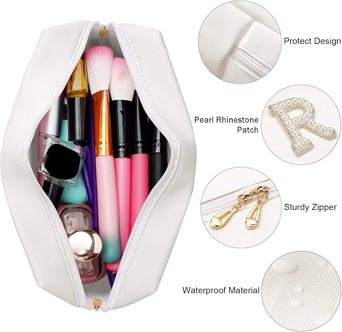 Bride Patch MRS Letter Makeup Bag for Women Bridesmaid Engagement Gift for Her White Pearl Rhinestone Travel Toiletry Bag Make Up Bag Pouch for Purse Bridal Shower Gifts for Engagement Wedding