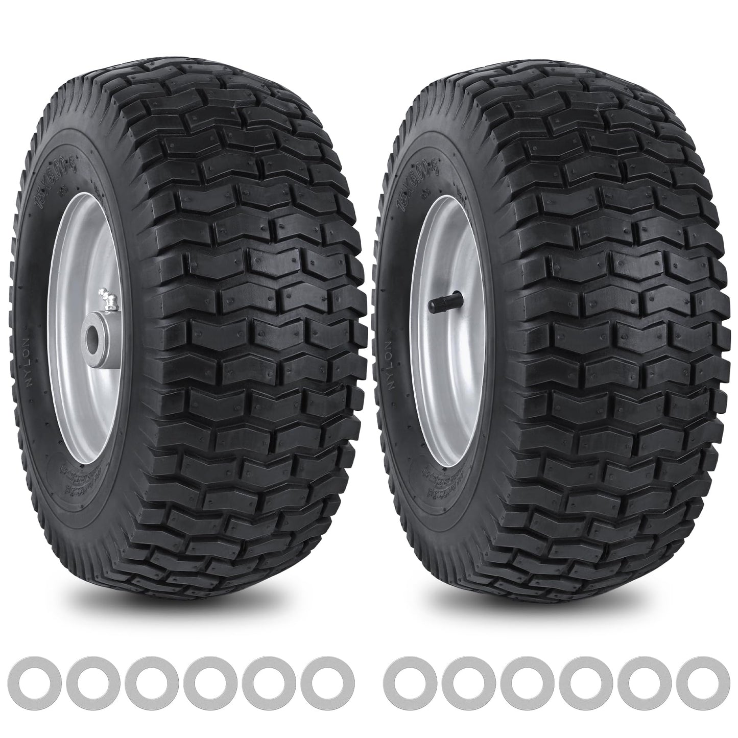 phepetroll 15x6.00-6nhs Lawn Mower Front Tire 4 Ply 15x6x6 Lawn Mower 570 Lbs Tire and Wheel with 3/4" Iron Bushing and 12 Spacers, Replacement for Garden Lawn Tractor Riding Lawn Mowers, 2 Pack