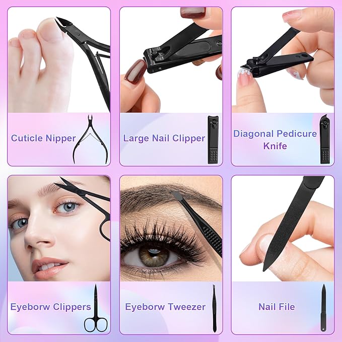 ANRUI Manicure Kit Nail Clippers Set Pedicure Kit, 12 Pieces Professional Grooming Kit, Stainless Steel Nail Care Kit for Women and Men with Luxurious Travel Case -Black