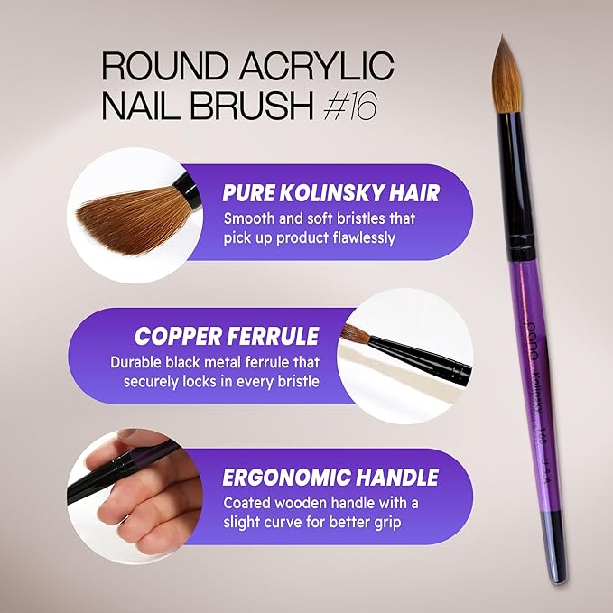 PANA Pure Kolinsky Hair Acrylic Nail Brush - Round Shape Black Ferrule with Purple Wood Handle (Size 16) - Nail Brush for Acrylic Nail Application, Nail Extension, Manicure Pedicure Salon Beginner and