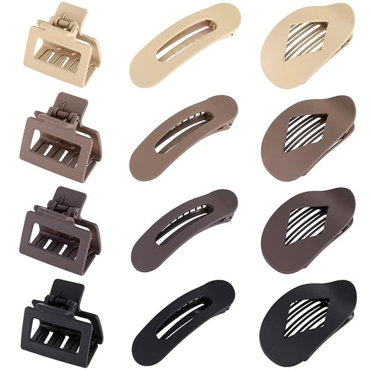 12 Pack Flat Hair Clips for Women-3 Styles Matte Neutral Flat Claw Clips, Black, Blonde,Light Brown & Dark Brown, French Duckbill Styling Accessories (Matte Neutral-2)