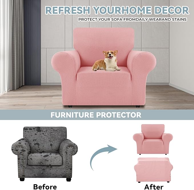 LURKA Stretch Chair Sofa Slipcovers 1 Piece Couch Covers for Sofa Furniture Protector Full Sofa Covers with Elastic Bottom for Kids and Dog (Small, Pink)