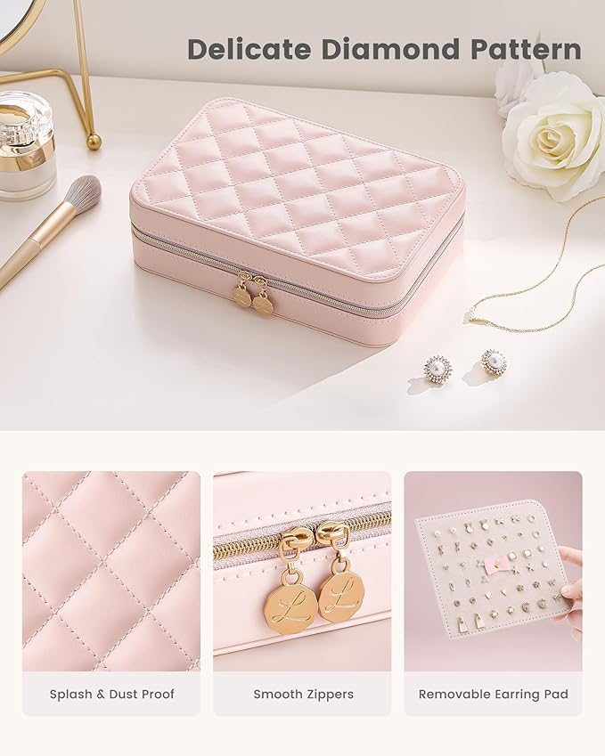 Lolalet Travel Jewelry Case for Women Girls, Travel Jewelry Organizer with Clear Storage Bag Small Portable Jewelry Box for Necklace Bracelet Earring Ring Birthday Bridesmaid Gifts -Large/Pink
