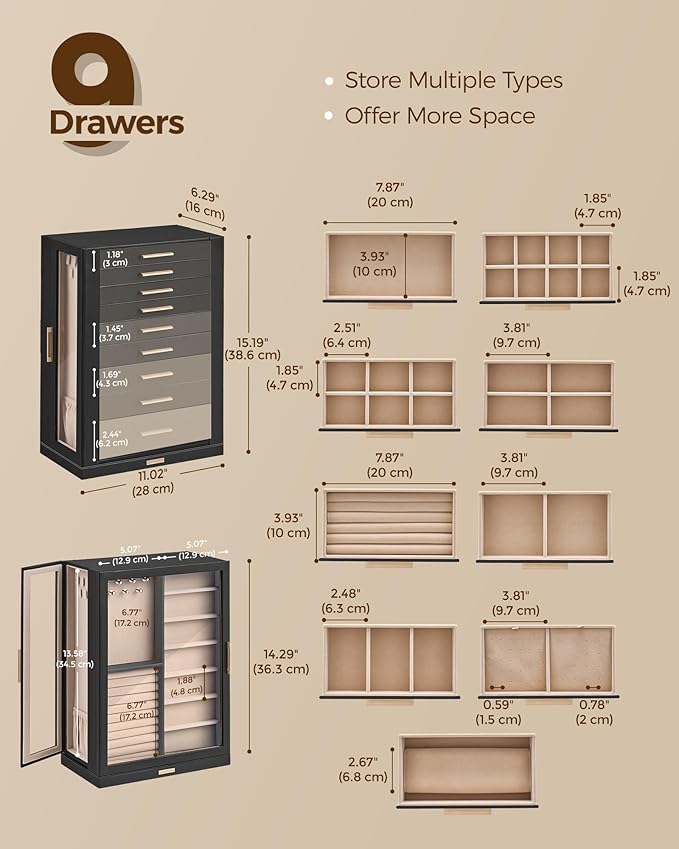 Glimmloop 360ÃÂ° Rotating Jewelry Box with 9 Drawers, Spacious Vertical Jewelry Organizer with Glass Window, Jewelry Storage Case, Dustproof & Moisture-resistant Design, Black
