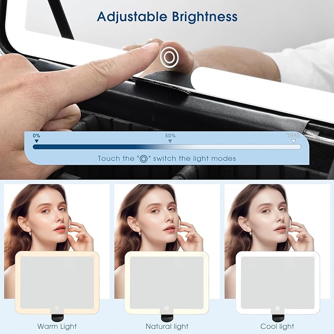 Faquenc Leather Makeup Case with LED Lighted Mirror 11.4 Inch Travel Makeup Bag Adjustable Brightness in 3 Colors Cosmetic Organizer Artist Storage Bag with Dividers Brush Holder Bag Vanity Blue