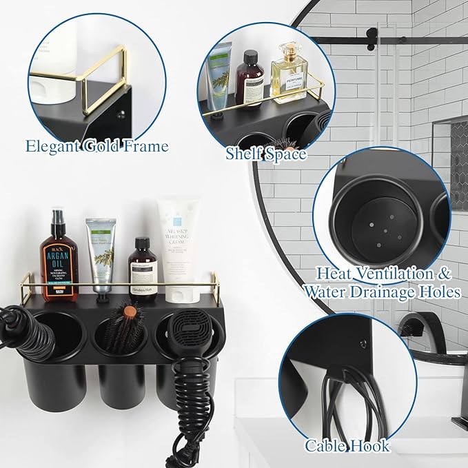 J JACKCUBE DESIGN Hair Dryer Holder Wall Mount Bathroom Vanity Hair Styling Care Tool Accessories 3 Cups Storage Organizer Caddy with Shelf Steel Black Gold- MK1002A (Black)